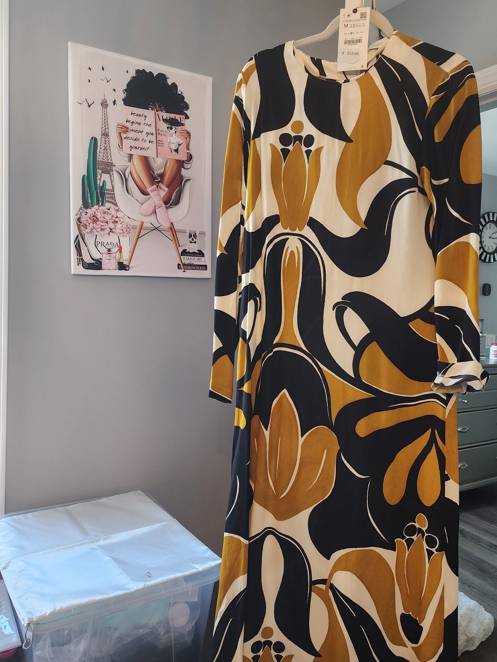Zara Black, Cream & Mustard Midi Dress/Never Worn